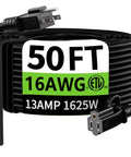 Indoor Outdoor 50 Ft Waterproof Extension Cord With 16/3 Gauge SJTW, Heavy Duty 13A 1625W 3 Prong NEMA 5-15P/R, Black Coil