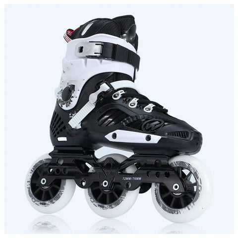 Six Pack Inline Skate Wheels 90mm 100mm 110mm Set 85A Replacement for Roller Blades showing black skate with white wheels