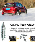 Heavy Duty Tire Studs 6Mm X 27Mm Steel Snow Spikes 100 Pack, installed on car in snowy conditions for traction.