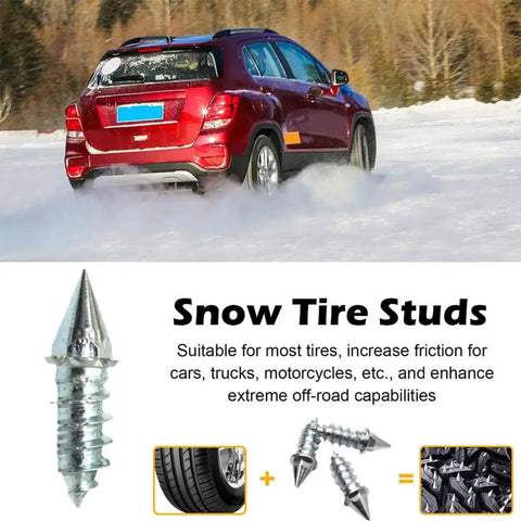 Heavy Duty Tire Studs 6Mm X 27Mm Steel Snow Spikes 100 Pack, installed on car in snowy conditions for traction.