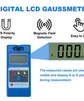 Digital LCD gaussmeter displaying readings, labeled with N/S polarity, magnetic field detection, and ease of use icons.