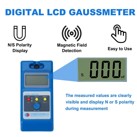 Digital LCD gaussmeter displaying readings, labeled with N/S polarity, magnetic field detection, and ease of use icons.