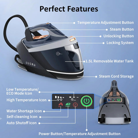 Pro Level 1800W Steam Station For Clothes With A Spiffy 1.5 Liter Pop Out Tank showing controls and removable tank.