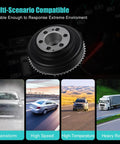 Harmonic Balancer Crankshaft Pulley 2.0L Replacement For Land Rover Discovery Sport Range Rover Evoque Velar Sport LR2 Jaguar F Pace XE XF 2012 To 2020 Drop In Ready OEM Grade Kit LR068885 LR025252 shown in various driving scenarios such as rainstorm and high speed.