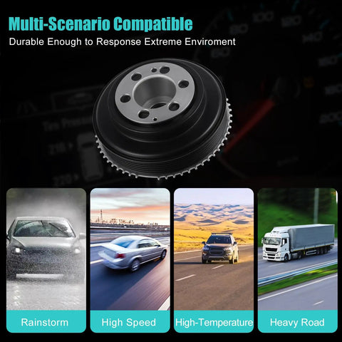 Harmonic Balancer Crankshaft Pulley 2.0L Replacement For Land Rover Discovery Sport Range Rover Evoque Velar Sport LR2 Jaguar F Pace XE XF 2012 To 2020 Drop In Ready OEM Grade Kit LR068885 LR025252 shown in various driving scenarios such as rainstorm and high speed.