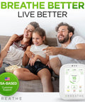 Family on sofa with Smart Indoor Air Quality Monitor With Real Time CO2 PM1 PM2.5 PM10 TVOC HCHO Temperature And Humidity Data Via App For Home Office And Classrooms Plug And Play Hassle Free Setup Actionable Alerts And Peace of Mind For Healthier Air.