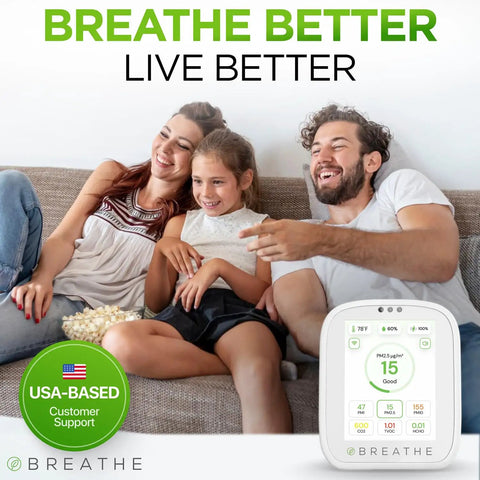 Family on sofa with Smart Indoor Air Quality Monitor With Real Time CO2 PM1 PM2.5 PM10 TVOC HCHO Temperature And Humidity Data Via App For Home Office And Classrooms Plug And Play Hassle Free Setup Actionable Alerts And Peace of Mind For Healthier Air.