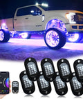 8 Pod RGB Rock Lights for Trucks With APP Control and Remote Music Mode glowing under a lifted truck, with APP and remote shown