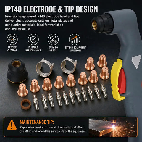 24Pcs Plasma Cutter Consumables Kit with brass electrodes and torch tips, shown with IPT40 electrode and tips, ideal for metal cutting