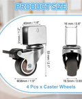 Heavy Duty 1.5 Inch Swivel Caster Wheels With Brake, Rolls Like A Dream On Furniture Or Office Chairs, Brown Tpr Rubber Replacement For Rolling Carts, Zero Fuss Install 4 Pack size diagram with dimensions of 4 pcs caster wheels.