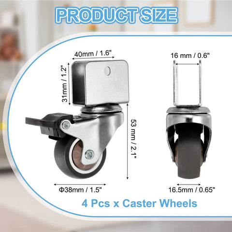 Heavy Duty 1.5 Inch Swivel Caster Wheels With Brake, Rolls Like A Dream On Furniture Or Office Chairs, Brown Tpr Rubber Replacement For Rolling Carts, Zero Fuss Install 4 Pack size diagram with dimensions of 4 pcs caster wheels.
