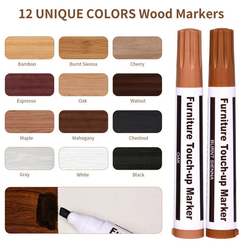 Heavy Duty Furniture Repair Kit Wood Markers And Wax Sticks For Crushing Bad Scratches And Deep Gouges Touch Up Tools For Hardwood Floors Desks Tables showing 12 unique colors for furniture touch-up.