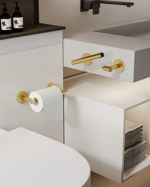 Gold 2 Pack Pivoting Toilet Paper Holder In SUS304 Stainless Steel Wall Mounted Double Post Tissue Roll Holder For Commercial Bathrooms And RVs Rustproof And Built To Last installed near modern sink