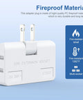 Fire-resistant white Three Way Flat Wall Outlet Extender with Swivel Two Prong Indoor Plug Tap showing two sockets.