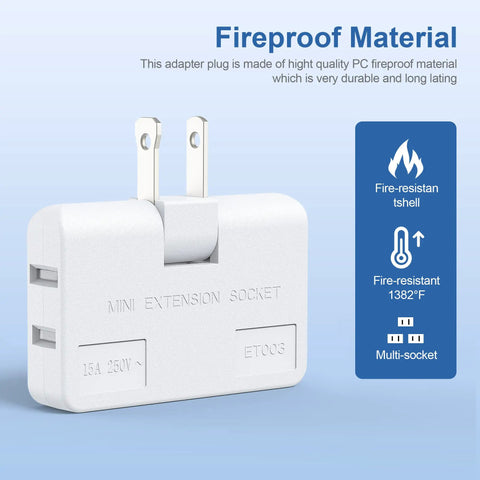 Fire-resistant white Three Way Flat Wall Outlet Extender with Swivel Two Prong Indoor Plug Tap showing two sockets.