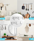 Stainless Steel Wall Mount Coat Rack 2 Pack With 6 Hooks Each installed in bedroom, kitchen, bathroom, and office settings.