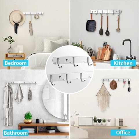 Stainless Steel Wall Mount Coat Rack 2 Pack With 6 Hooks Each installed in bedroom, kitchen, bathroom, and office settings.