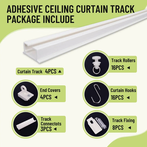 Self Adhesive Ceiling Curtain Track No Drill Curtain Rod For Windows Cabinets Closets Showers And RV Quick Install Damage Free Privacy Ready In Minutes Easy To Use white PVC 4-piece set with rollers hooks and fixings