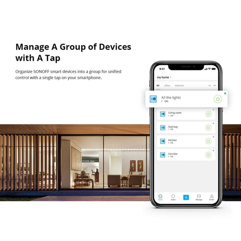 Smartphone screen showing Smart WiFi Light Switch 10A DIY Module For Home Automation app interface with room lighting control