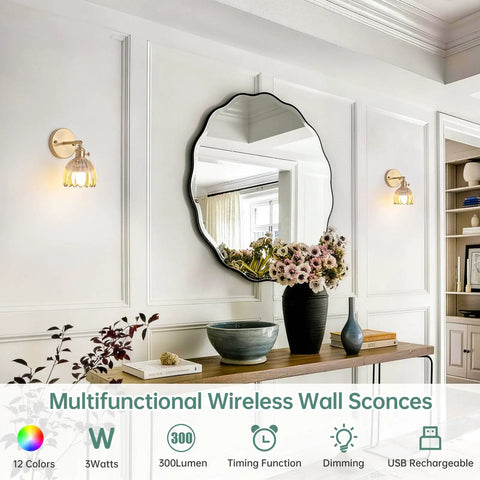 Vintage Rechargeable Wall Sconce Set With Amber Tulip Glass Shade And Wireless Remote For Zero Wiring Bedroom Decor, brass wall light beside mirror