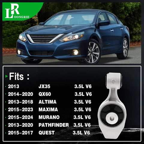 Beefy OEM Grade Torque Strut Mount Replacement For 3.5L V6 Engines Direct Fit On 2013 2018 Altima 2015 2024 Maxima Murano 2013 2020 JX35 QX60 2013 2020 Pathfinder 2013 2020 Quest OE A7386 113504RA0A 1 Piece - shown alongside compatible blue sedan model.