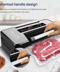Vacuum Sealer Machine With 90Kpa Vacuum, Dry Moist And Liquid Modes, sealing steak with handle lock design on counter