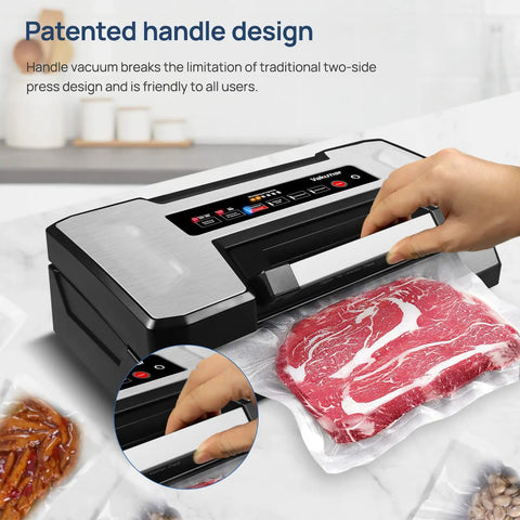 Vacuum Sealer Machine With 90Kpa Vacuum, Dry Moist And Liquid Modes, sealing steak with handle lock design on counter