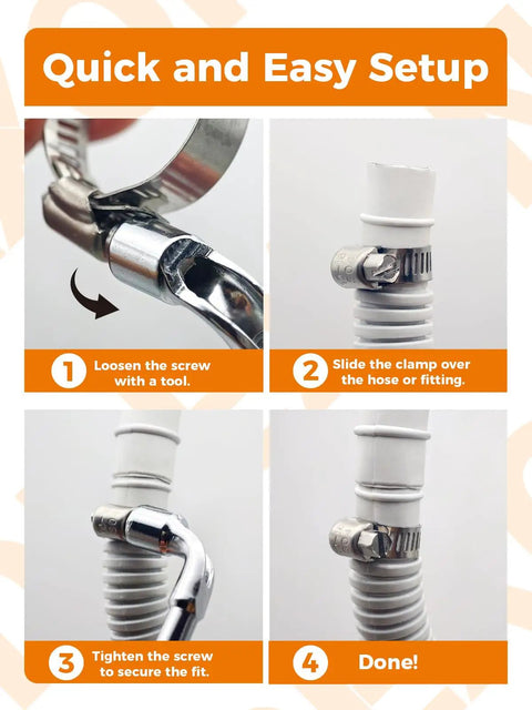 100 Pc Hose Clamp Kit With 304 Stainless Steel Worm Gear Clamps setup process from loosening to securing on hose.