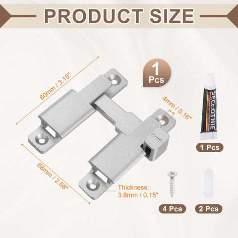 Durable 90 180 Degree Barn Door Lock Latch Kit with screws and glue, silver tone, zinc alloy, shown with measurements and components