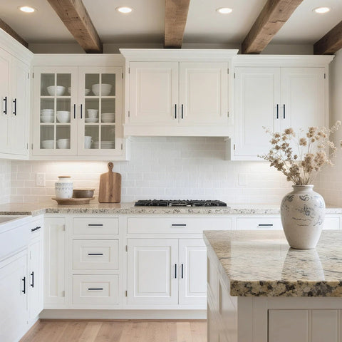 Modern kitchen with white cabinets featuring 24 Pack 5 Inch Stainless Steel Cabinet Pulls With Brushed Nickel Finish for a sleek look.