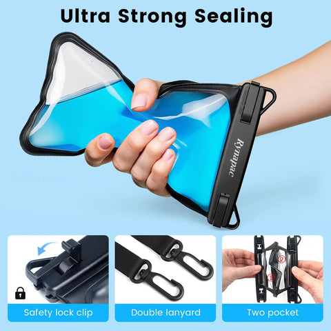 IPX8 Waterproof Pouch 2 Pack With Lanyard Double Window Dry Bag showing strong sealing and safety lock clip