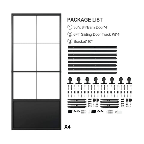 Package contents for Double Bypass Frosted Tempered Glass Barn Door Kit 144 By 84 Inches With 12 Feet Double Hardware Kit