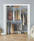 Heavy Duty Wire Closet Organizer System With Adjustable Shelves And Double Clothes Rods Built Different Steel Frame Straight Up Win For 4 To 6 Ft Wide Wall Mounted Closets showing organized clothing, bags, and folded items.