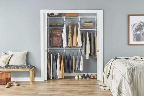 Heavy Duty Wire Closet Organizer System With Adjustable Shelves And Double Clothes Rods Built Different Steel Frame Straight Up Win For 4 To 6 Ft Wide Wall Mounted Closets showing organized clothing, bags, and folded items.