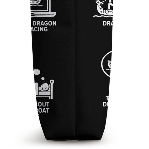 Side view of Boat Paddler Tote Bag For Dragonboating Gear And Racing Teams with dragon racing icons on black polyester material.