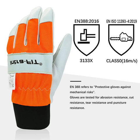 Chainsaw Protection Gloves For Left Hand Back, Cut Resistant EN ISO 11393-4 Class 0, Cow Leather Palm, side view