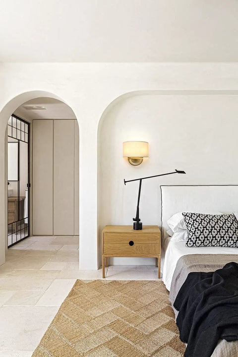 Straight Up Stylish Industrial 2 Light Wall Sconce With Linen Fabric Shade Super Solid Metal Frame Build Nailed The Vintage Look in a modern bedroom.