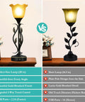 Comparison of set of 2 rustic torchiere bedside lamps with USB port, showing design and functional differences.