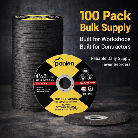 Bulk 100 Pack 4.5 Inch Cut Off Wheels for Angle Grinder Pro Grade Thin Metal and Stainless Steel Cutting Discs displayed