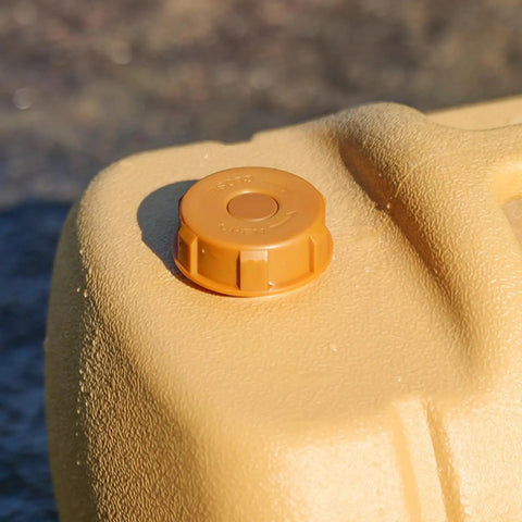 Close-up of lid on Camping Water Container With Spigot And Soap Dispenser Portable Water Storage Jug for hiking trips.