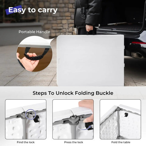 Person carrying a 6 Foot Folding Table Portable Beefy Heavy Duty Plastic Fold In Half Utility Table with steps to unlock folding buckle.