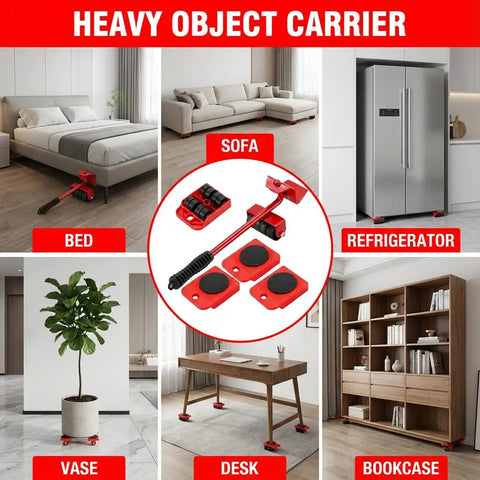 Heavy Duty No Sweat Furniture Lifter Tool Set With Adjustable Height, 4 Wheel Movers Sliders, Lifting Lever And Dolly, Red