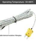 K-type thermocouple probe with fiberglass-insulated white braided cable and yellow 2-pin plug (3 m)
