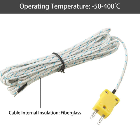K-type thermocouple probe with fiberglass-insulated white braided cable and yellow 2-pin plug (3 m)