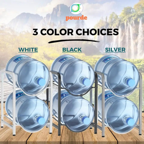 Two Tier Water Jug Stand For 5 And 3 Gallon Bottles, Space Saving Steel Rack with White, Black, and Silver Finish Options