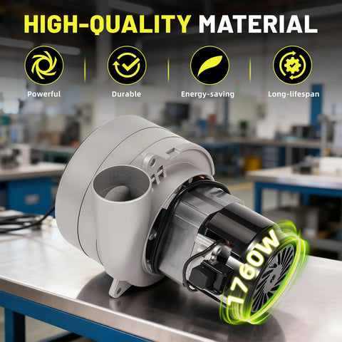 Side view of Aumtoni 240V vacuum motor for central vacuum systems; gray housing, black motor