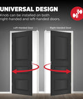 Front view of two interior doors showing Kwikset Pismo round privacy door knob on left- and right-handed doors with red arrows.