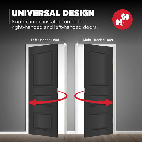 Front view of two interior doors showing Kwikset Pismo round privacy door knob on left- and right-handed doors with red arrows.