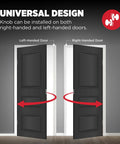 Diagram showing universal design for Matte Black Entry Door Knob With Lock And Key For Exterior Doors, fitting left and right doors.