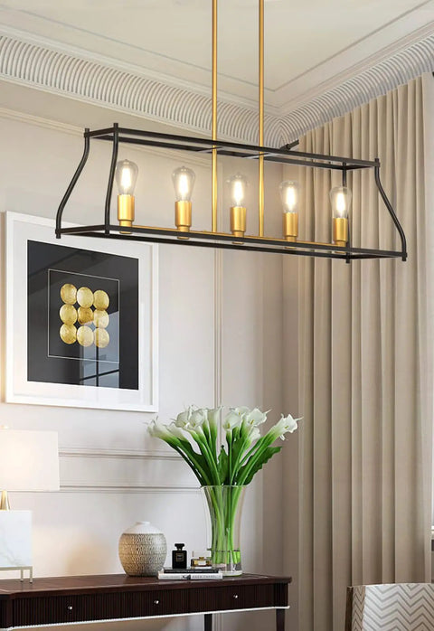 Industrial 5-Light Linear Pendant Light For Kitchen Island And Farmhouse Dining Room, Black Metal Fixture Over Table